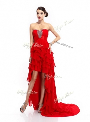 Cheap High Low Beading and Ruffled Layers Prom Dresses in Red