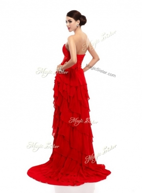 Cheap High Low Beading and Ruffled Layers Prom Dresses in Red