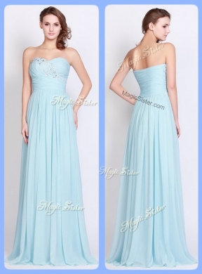 New Style Brush Train Light Blue Prom Dresses with Beading and Ruching