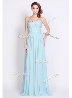 New Style Brush Train Light Blue Prom Dresses with Beading and Ruching