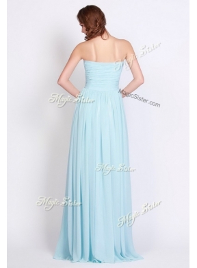 New Style Brush Train Light Blue Prom Dresses with Beading and Ruching