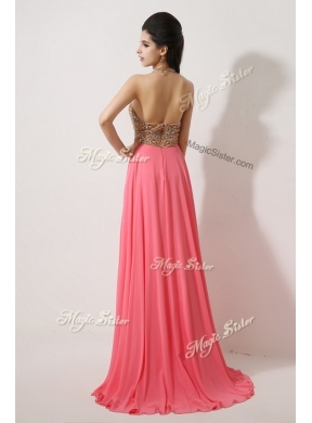 The Most Popular Halter Top Brush Train Watermelon Red Prom Dresses