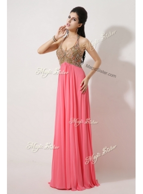 The Most Popular Halter Top Brush Train Watermelon Red Prom Dresses