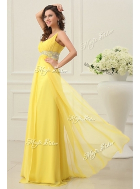 Beautiful  Empire One Shoulder Beading Prom Dress in Yellow