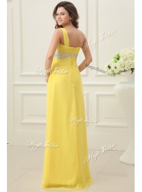 Beautiful  Empire One Shoulder Beading Prom Dress in Yellow