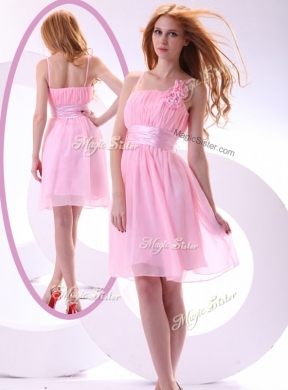 Beautiful Short Pink Prom Dresses with Hand Made Flowers and Belt