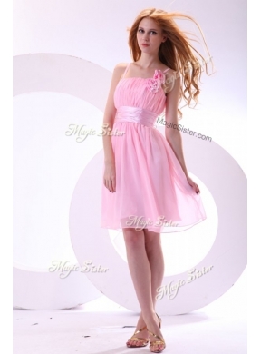 Beautiful Short Pink Prom Dresses with Hand Made Flowers and Belt