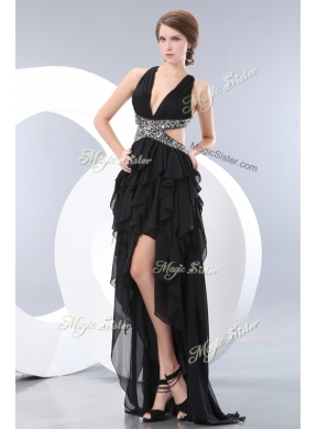 Beautiful Style V Neck High Low Prom Dresses in Black