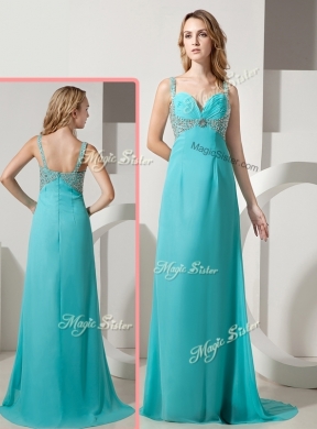 Elegant Empire Straps Beading Turquoise Prom Dresses with Brush Train