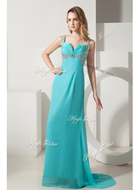 Elegant Empire Straps Beading Turquoise Prom Dresses with Brush Train