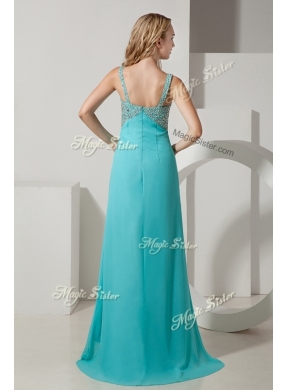 Elegant Empire Straps Beading Turquoise Prom Dresses with Brush Train