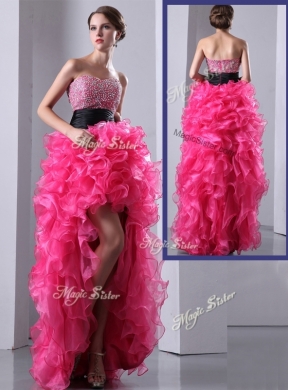 Exquisite High Low Hot Pink Prom Dress with Ruffles