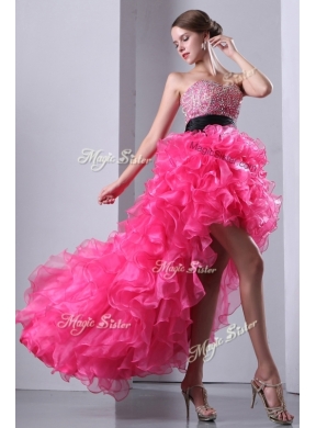 Exquisite High Low Hot Pink Prom Dress with Ruffles