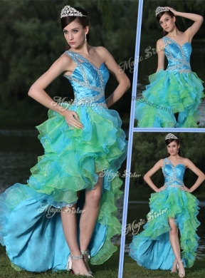 Pretty One Shoulder Side Zipper High Low Prom Dress in Multi Color