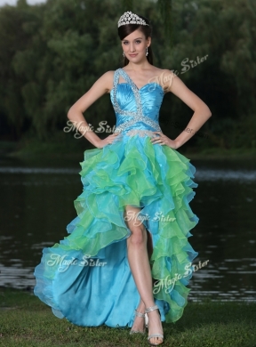 Pretty One Shoulder Side Zipper High Low Prom Dress in Multi Color