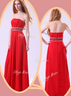 Simple Empire Strapless Red Prom Dresses with Beading