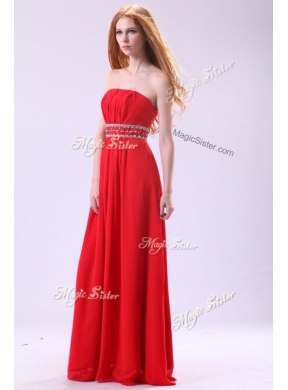 Simple Empire Strapless Red Prom Dresses with Beading