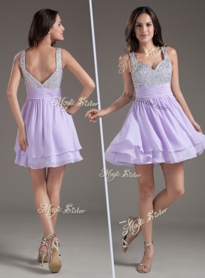 Simple Straps Mini Length Lavender Prom Dress with Beading