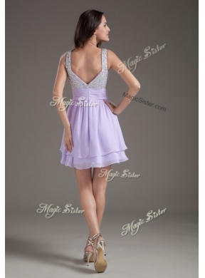 Simple Straps Mini Length Lavender Prom Dress with Beading