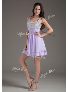 Simple Straps Mini Length Lavender Prom Dress with Beading