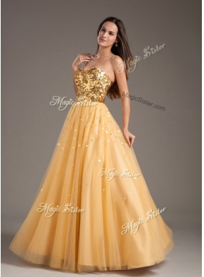 Cheap  Princess Sweetheart Sequins Long Bridesmaid  Dresses in Gold