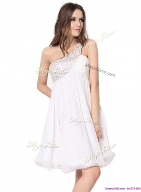 Cheap Short One Shoulder Beading  Bridesmaid  Dress in White