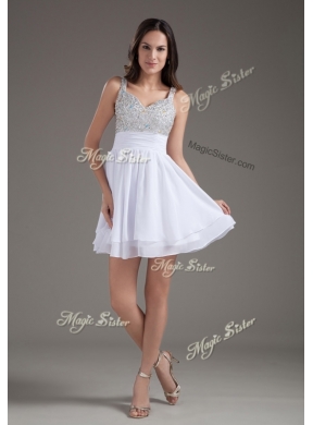 Cheap Short Straps Beading White Bridesmaid Dresses for 2016