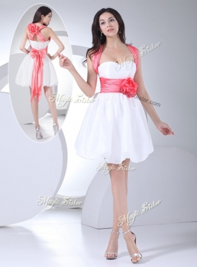 Cheap Straps Hand Made Flowers Short Prom Dress in White