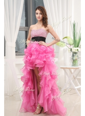 Cheap Sweetheart High-low Pink Prom Dresses with Beading and Belt