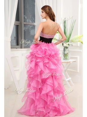 Cheap Sweetheart High-low Pink Prom Dresses with Beading and Belt