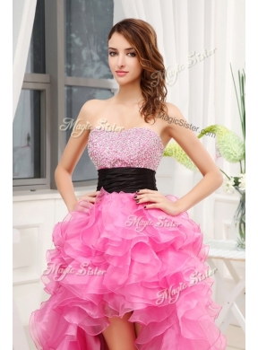 Cheap Sweetheart High-low Pink Prom Dresses with Beading and Belt