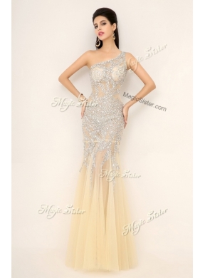 Cheap Mermaid One Shoulder Beading Prom Dresses in Champagne