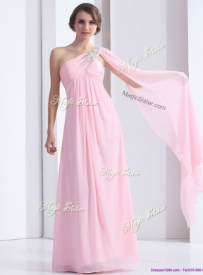 Cheap One Shoulder Baby Pink Prom Dress with Ruching and Beading