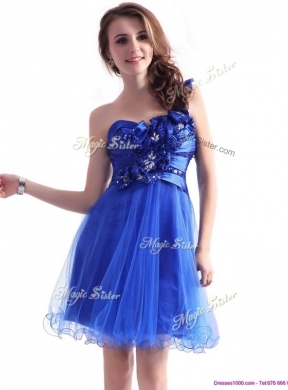 Cheap One Shoulder Prom Dresses with Beading and Hand Made Flowers