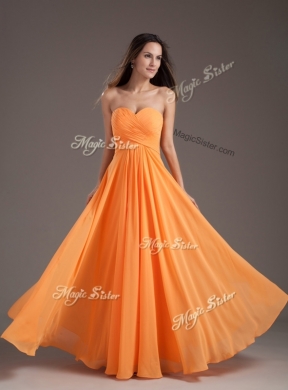 Cheap Sweetheart Floor Length Ruching Prom Dress in Orange