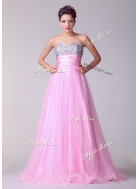 Lovely A Line Brush Train Rose Pink Discount Evening Dresses with Beading for Spring