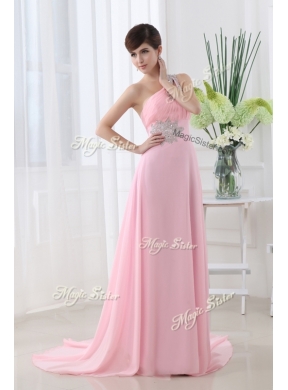 Fashionable One Shoulder Brush Train Beading Baby Pink Discount Evening Dress