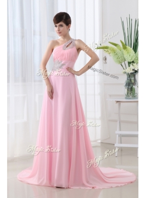 Fashionable One Shoulder Brush Train Beading Baby Pink Discount Evening Dress