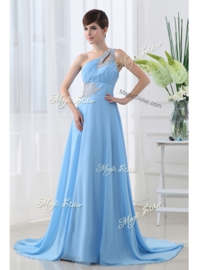 Sweet One Shoulder Brush Train Beading Discount Evening Dress with Lace Up