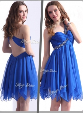 Best One Shoulder Blue Short Prom Dresses with Beading