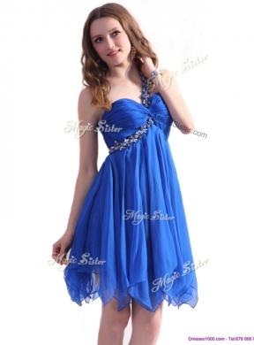 Best One Shoulder Blue Short Prom Dresses with Beading