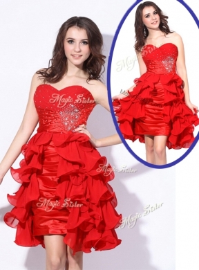 Best Sweetheart Red Short Designer Prom Dresses with Beading and Ruffles