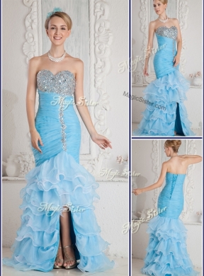 Gorgeous Mermaid Sweetheart Beading and Ruffled Layers Aqua Blue Prom