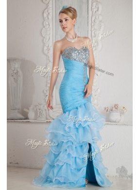 Gorgeous Mermaid Sweetheart Beading and Ruffled Layers Aqua Blue Prom