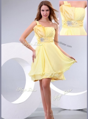 Lovely Short One Shoulder Beading and Belt Prom Dress