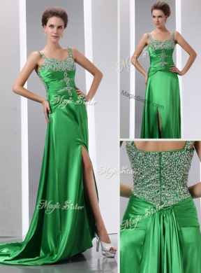 Luxurious Column Beading and High Slit Prom Dresses with Court Train