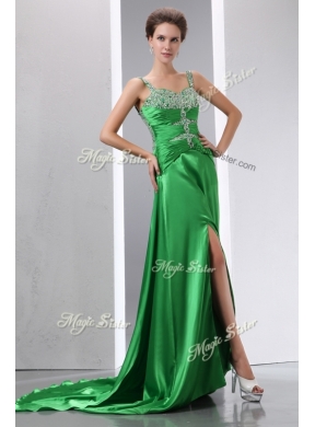 Luxurious Column Beading and High Slit Prom Dresses with Court Train