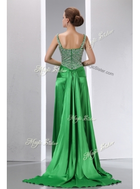 Luxurious Column Beading and High Slit Prom Dresses with Court Train