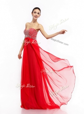 Simple Sweetheart Brush Train Beading Discount Evening Dresses in Red
