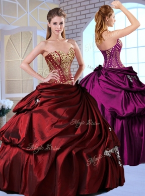 Gorgeous Ball Gown Taffeta Wine Red Quinceanera Gowns with Pick Ups